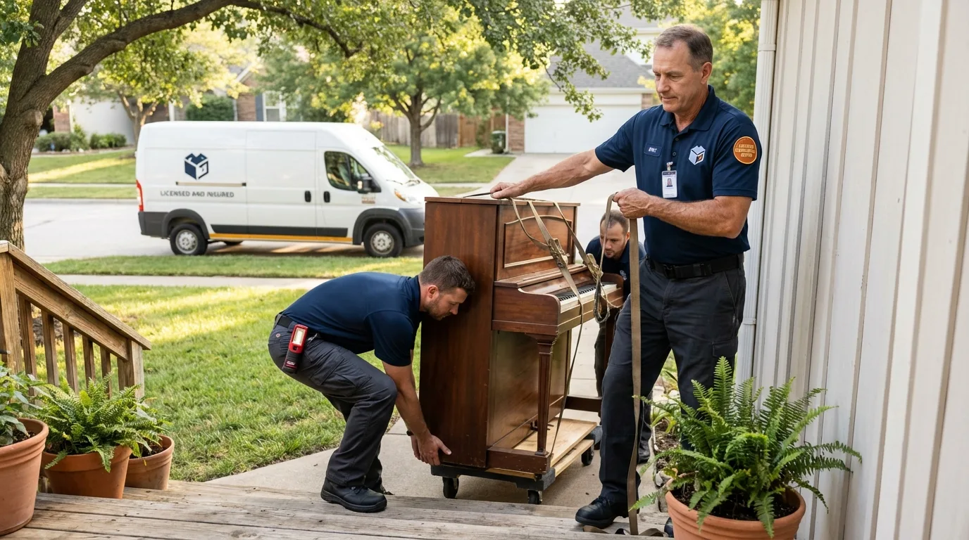 Licensed piano movers securing grand piano in Mackinaw, IL