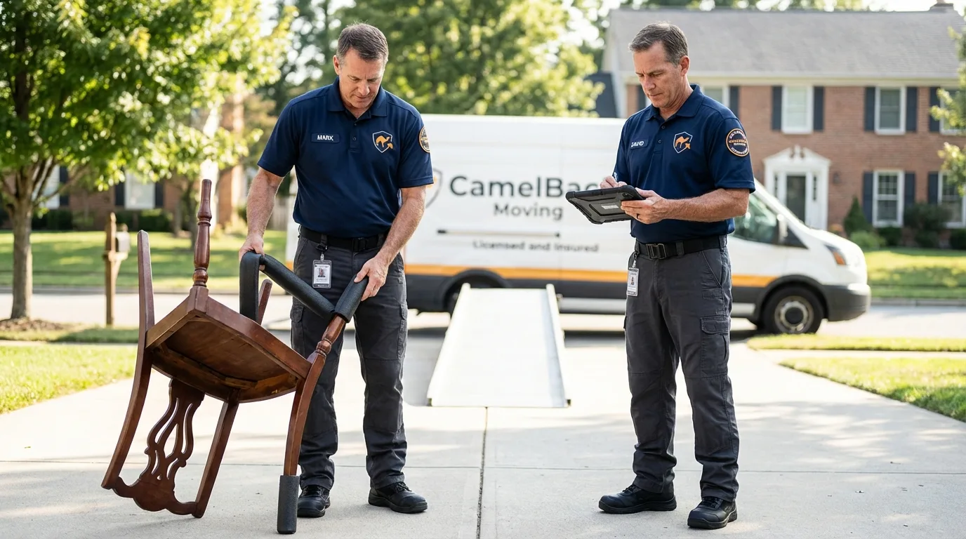 Movers inspecting furniture for damage prevention before loading in Mackinaw, IL