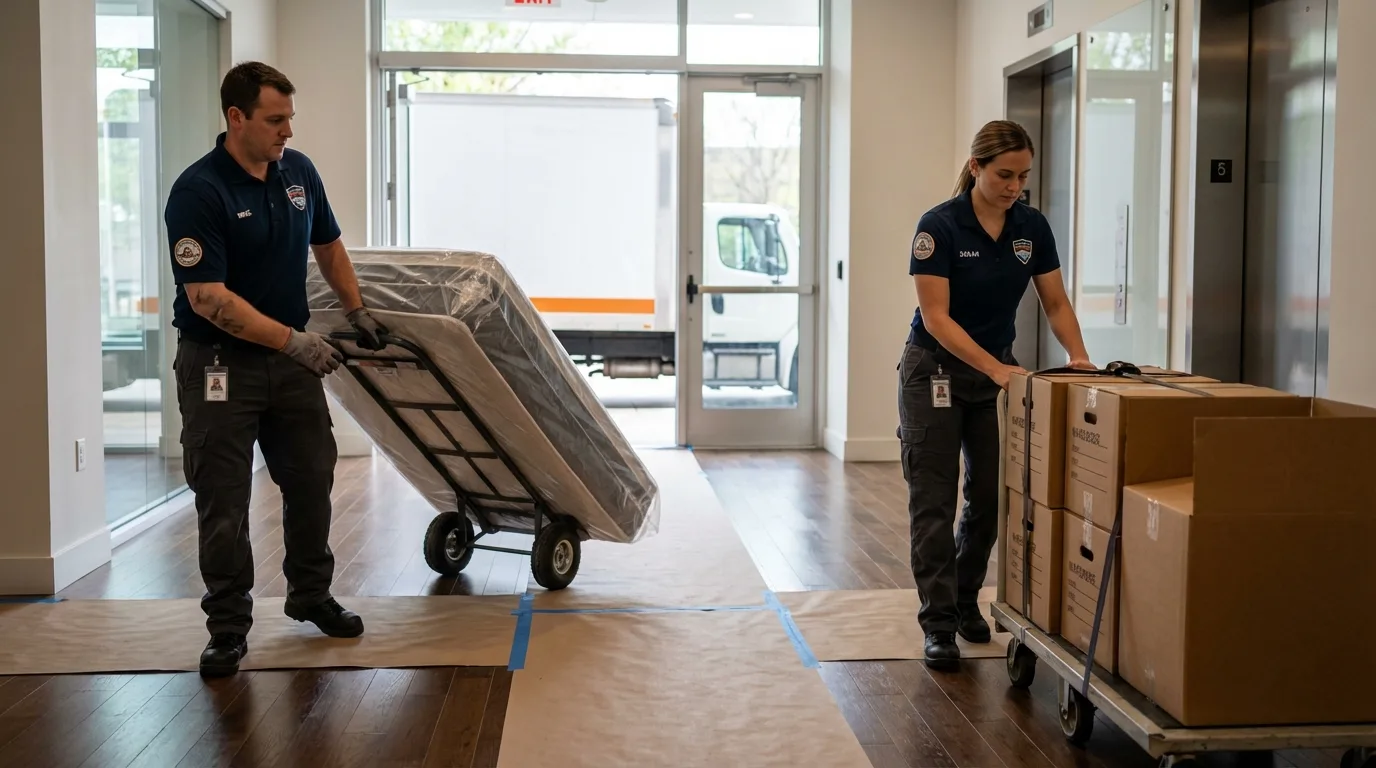 Professional apartment movers loading elevator in Mackinaw, IL