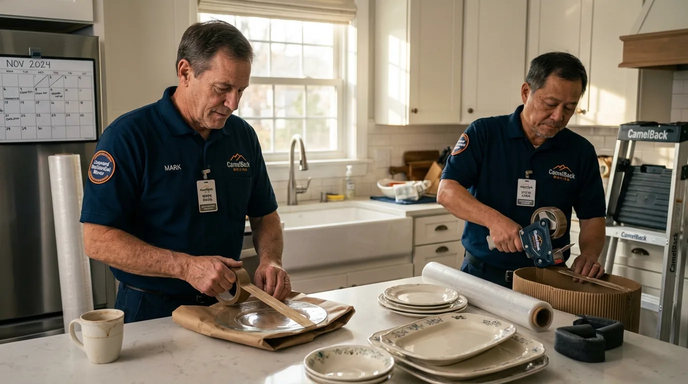 Professional crew packing kitchen dishware in Mackinaw, IL